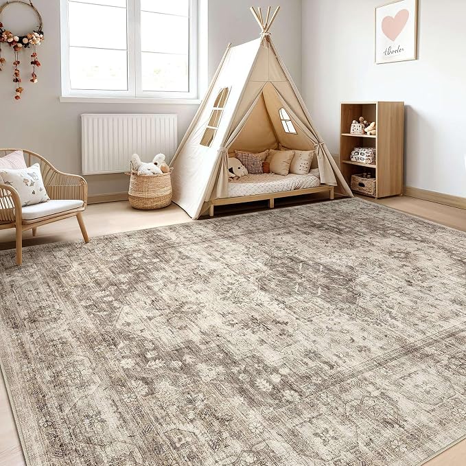 8x10 Area Rugs Living Room: Washable Boho Large Neutral Vintage Soft Rug Stain Resistant Farmhouse Non Slip Indoor Floor Carpet for Bedroom Nursery Kids Playroom Office Dining Room- Tan
