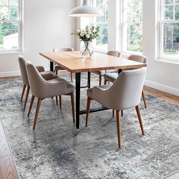 8x10 Washable Living Room Rug – Modern Neutral Abstract Large Area Rug for Bedroom Dining Room Kitchen Home Office Under Table – Non-Slip Low Pile Soft Thin Indoor Carpet（Blue Grey,8x10）
