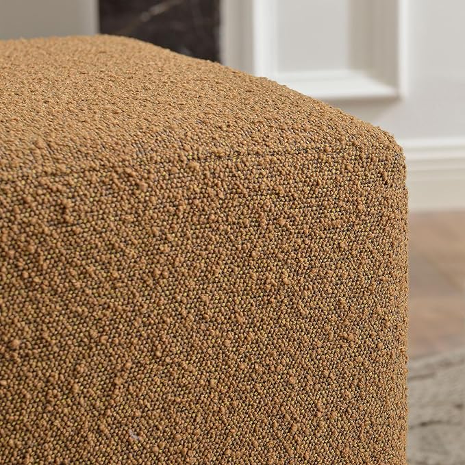 KINWELL 18.5" Wide Modern Square Boucle Upholstered Ottoman with Solid Wood Legs, Cube Ottoman Multi-Functional Sofa Footrest, Extra Seating for Living Room, Bedroom, Fully Assembled (Brown)