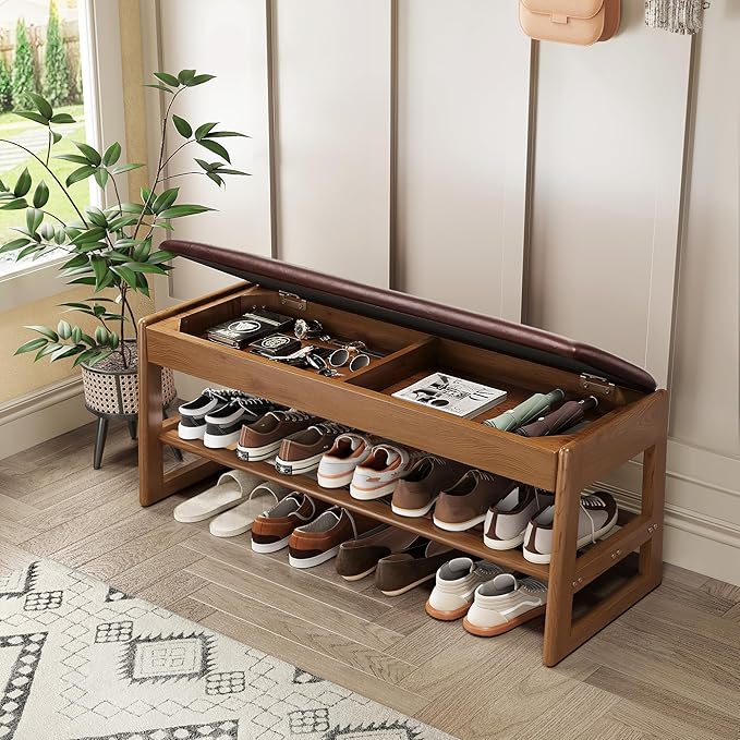Shoe Rack Bench with Hidden Storage, 2-Tier Solid Rubberwood Entryway Bench with Soft Leather Cushioned Seat & Flip-Top Storage, 330lbs Capacity, Wooden Shoe Organizer for Hallway, Closet, Foyer
