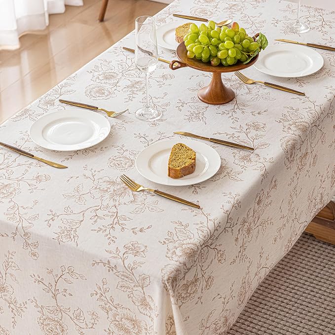 Floral Linen Tablecloth 55 x 90 inch Wrinkle Resistant Vintage Farmhouse Tablecloth Brown Pattern Printed on Cream Table Cloth Rectangle Cottage Burlap Textured Fabric Table Cover Home Decor Holiday