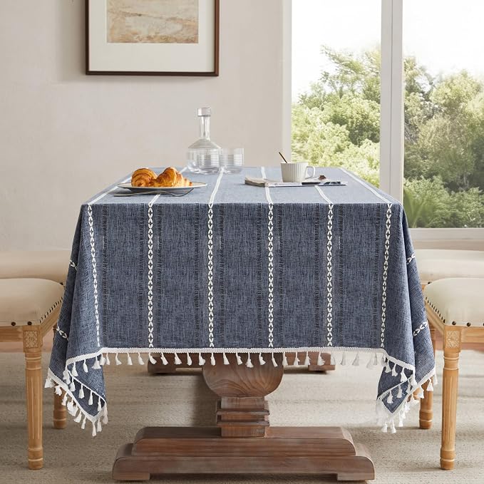 ZeeMart Hemstitched Embroidery Striped Boho Tablecloth 60x60 Inch Navy Blue, Heavy Weight Farmhouse Burlap Linen Navy Tablecloth, Wrinkle Resistant Washable Table Cloth for Square Table