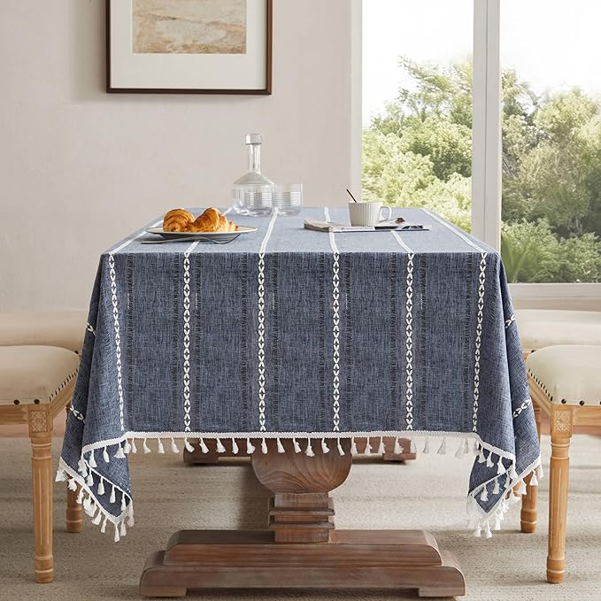 ZeeMart Hemstitched Embroidery Striped Boho Tablecloth 54x54 Inch Navy Blue, Heavy Weight Farmhouse Burlap Linen Navy Tablecloth, Wrinkle Resistant Washable Table Cloth for Square Table