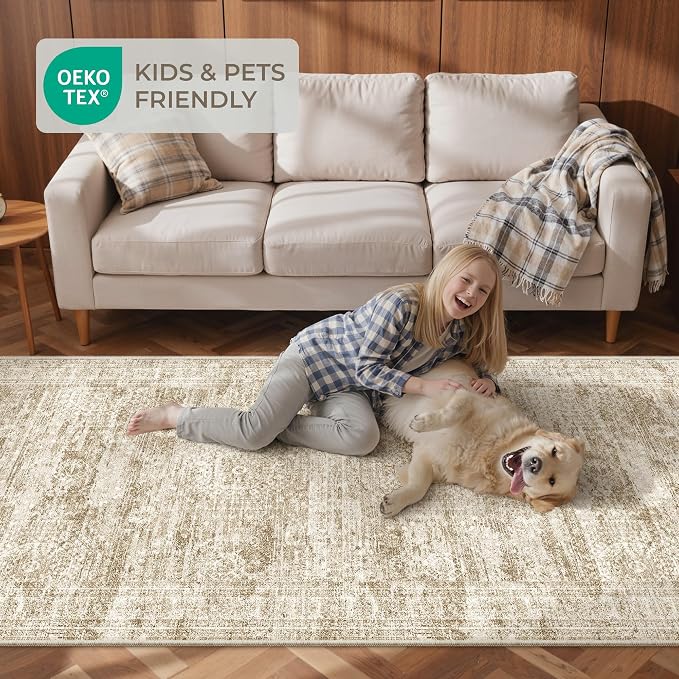 3x8 Runner Rug Non Slip Washable for Entryway, Vintage Hallway Runner for Front Porch, Laundry Room, Bedroom, Abstract Stain Resistant Thin Indoor Kitchen Mats for Floor(3'x8', Brown/Ivory)