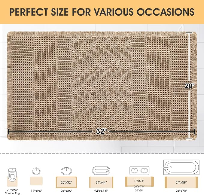 Waffle Bath Mat, Boho Woven Modern Bath Rug Absorbent Non Slip, Ultra Soft Bathroom Mats, Machine Washable Knit Bath Rugs Vertical Stripes with Ripples for Bathroom, Bedroom, Shower, 32"x20", Beige