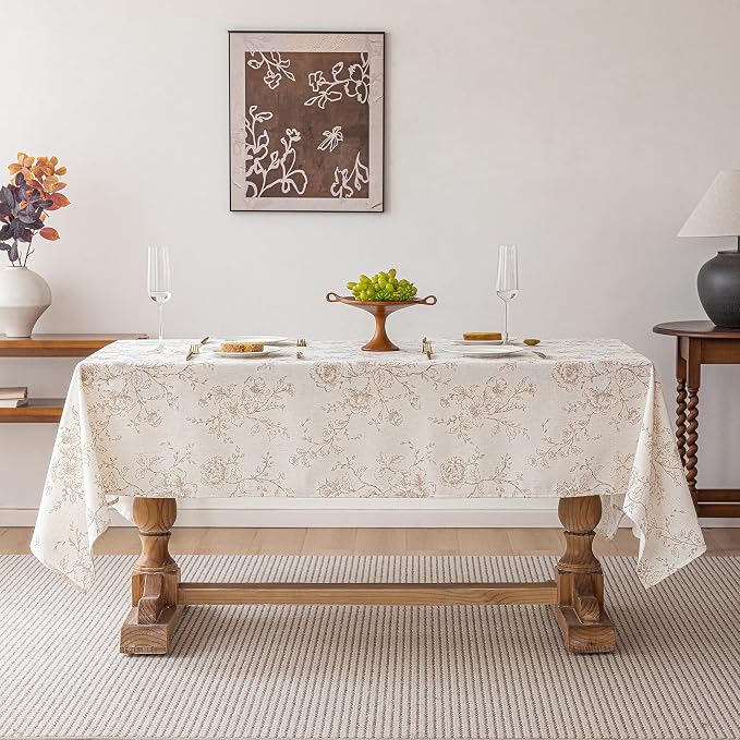 Floral Linen Table Cloth 55 x 84 inch Wrinkle Resistant Vintage Farmhouse Tablecloth Brown Pattern Printed on Cream Tablecloth Rectangle Cottage Burlap Textured Fabric Table Cover Home Decor Holiday