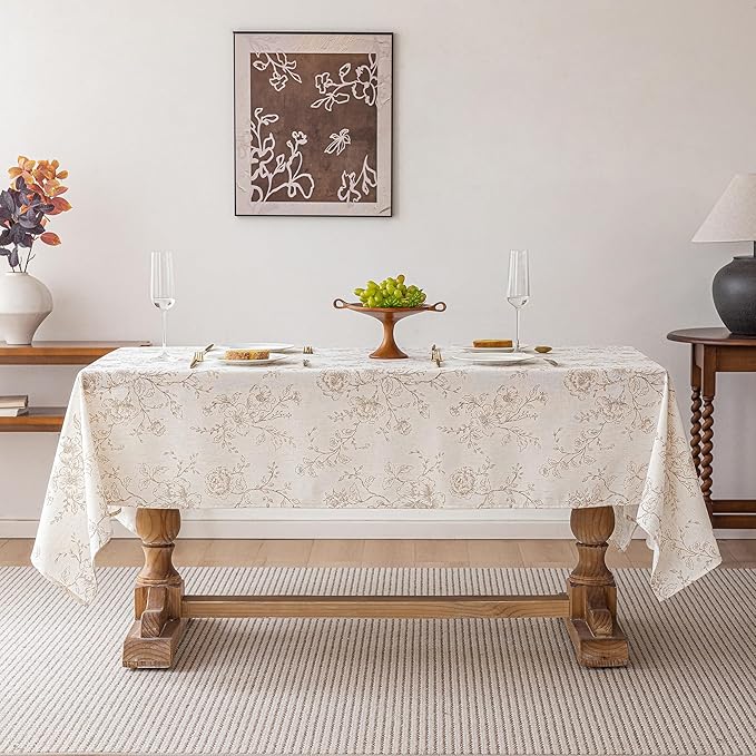 Floral Linen Tablecloth 55 x 90 inch Wrinkle Resistant Vintage Farmhouse Tablecloth Brown Pattern Printed on Cream Table Cloth Rectangle Cottage Burlap Textured Fabric Table Cover Home Decor Holiday