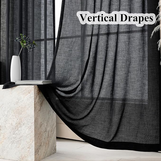 Black Semi Sheer Curtains 108 Inches Long, Linen Textured Light Filtering Curtains & Drapes for Bedroom, Dark Moody Modern Farmhouse Window, Pinch Pleat Floor to Ceiling Curtain with Hooks