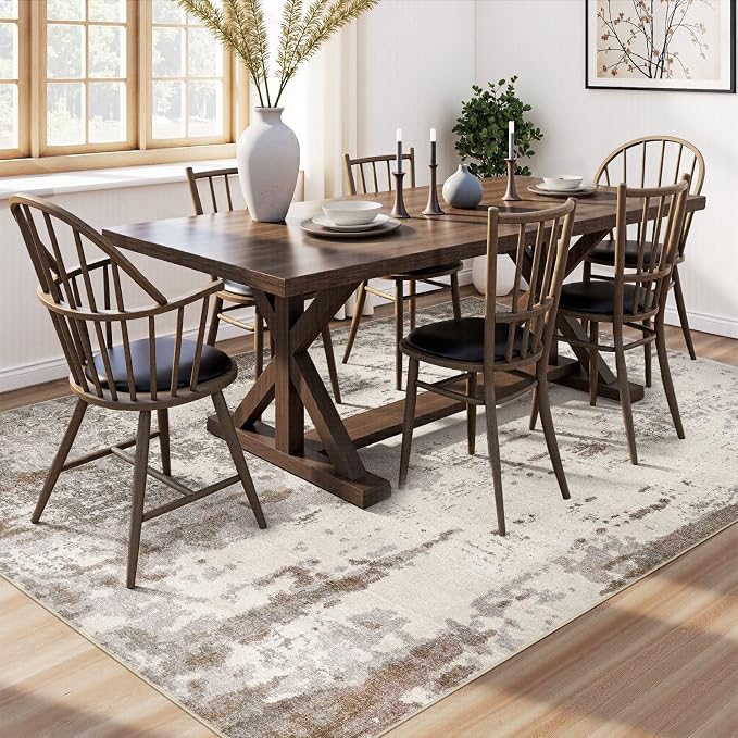 UERMEI 6x9 Area Rug Living Room Rugs - Washable Neutral Modern Abstract Soft Thin Rug Indoor Floor No Slip Rug Carpet for Bedroom Under Dining Table Home Office Decor - Brown/Grey/Beige