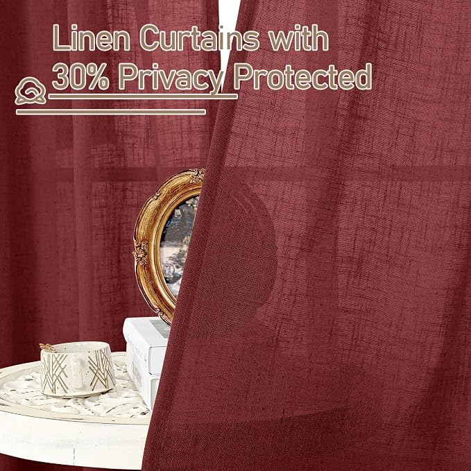 LAMIT Burgundy Red Semi Sheer Linen Curtains 45 Inches Long, Light Filtering Panels Bronze Grommet Christmas Decor Drapes for Bedroom/Window/Farmhouse, 2 Panels, 52 x 45 Inch