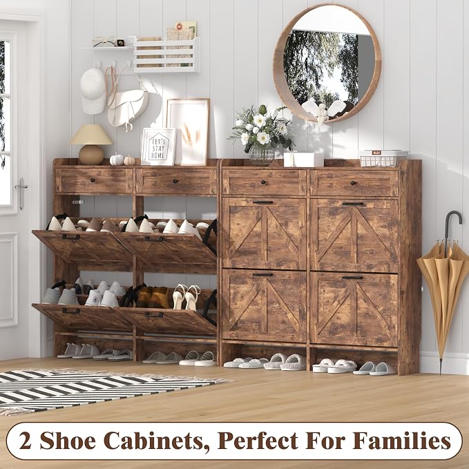 Thacuok Shoe Cabinet with 4 Flip Drawers & 2 Storage Drawers, Rustic Farmhouse Narrow Shoe Organizer Cabinet, Slim Shoe Rack Cabinet, Shoe Storage Cabinet for Entryway, Hallway, Front Door