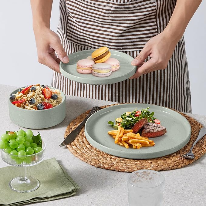 E-far 6-Piece Stoneware Dinnerware Sets, Plates and Bowls Set for 2, Kitchen Modern Dishes Set for Everyday & Formal, Chip and Scratch Resistant, Microwave & Dishwasher Safe, Speckled Green