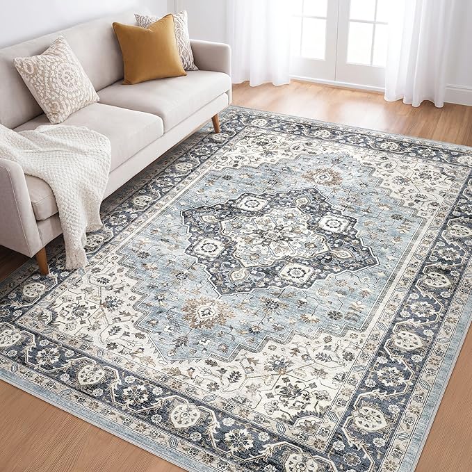 5x8 Area Rugs Living Room: Washable Boho Large Neutral Vintage Soft Rug Stain Resistant Farmhouse Non-Slip Indoor Floor Carpet for Bedroom Nursery Kids Playroom Office Dining Room- Blue Tan