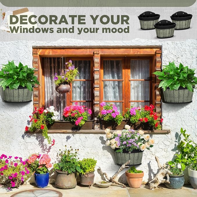Layhit 6 Pcs Wall Hanging Planters Outdoor Pot Planter Wine Barrel Planter Distressed Oak Thickened Plastic Water Storage Flower Pots for Flower Indoor Outdoor(13.78 Inches,Grey Green)