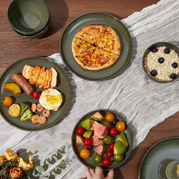 Pokini 18 Piece Dinnerware Set for 6, Reactive Glaze Terracotta Plates and Bowls Set, Large Family-Sized Stoneware Dish Set for Gatherings, Chip and Scratch Resistant, Blackish Green