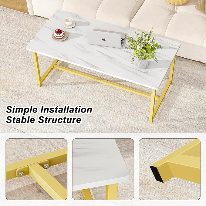 35.4" Rectangular Coffee Table, Modern Industrial Style Coffee Table Center Table with Metal Frame for Small Space Living Room, Apartment, Office, Easy Assembly, White