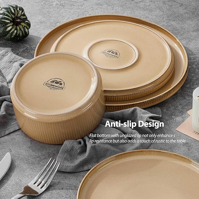 LIANYU 16 Piece Dinnerware Sets with Double Bowls, Ceramic Plates and Bowls Set for 4, Ribbed Stoneware Dishes, Microwave and Dishwasher Safe, Dune Khaki