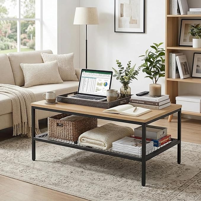 Wood Coffee Table,Rustic Rectangle Coffee Table with 2-Tier Storage for Living Room,Modern Industrial Center Table Small, Simple Rectangular Coffee Table in Office Bedroom,35.5in Beige