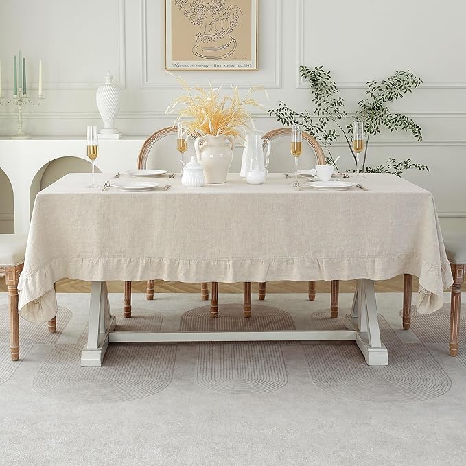 Linen World Ruffle Linen Tablecloth,100% French Linen Natural Tablecloth 132" x 90" Inch,Washable Rectangular Tablecloth for Dining,Outdoor,Weddings and Restaurants,Decorative Thanksgiving Christmas