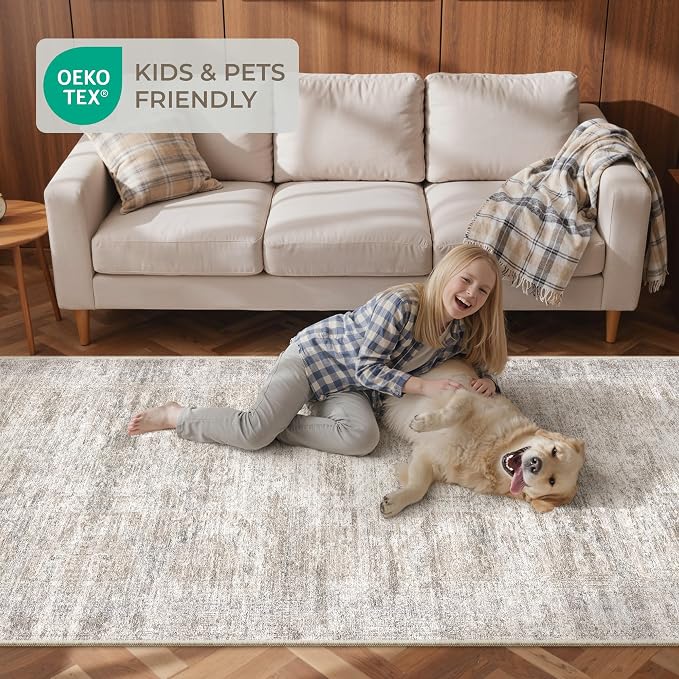 Kitchen Runner Rugs Non Skid Washable - 2.5 x 10 Runner Rug with Anti Slip Backing, Ultra-Thin Soft Rug Runner for Hallway, Bedroom, Living Room (2.5'x10', Brown/Grey/Ivory)