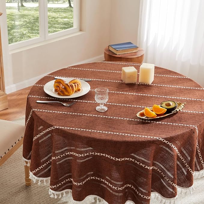 ZeeMart Hemstitched Embroidery Striped Boho Tablecloth 54 Inch Round Terracota, Heavy Weight Farmhouse Burlap Linen Terracota Tablecloth, Wrinkle Resistant Washable Table Cloth for Round Table