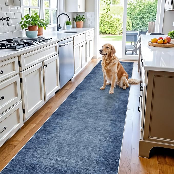 3x12 ft Non Skid Hallway Runner Rug - Kitchen Runner Rug with Rubber Backing Low Pile Thin Carpet Runners for Kitchen Entryway Bathroom,Modern Abstract Neutral（Navy Blue,3x12）