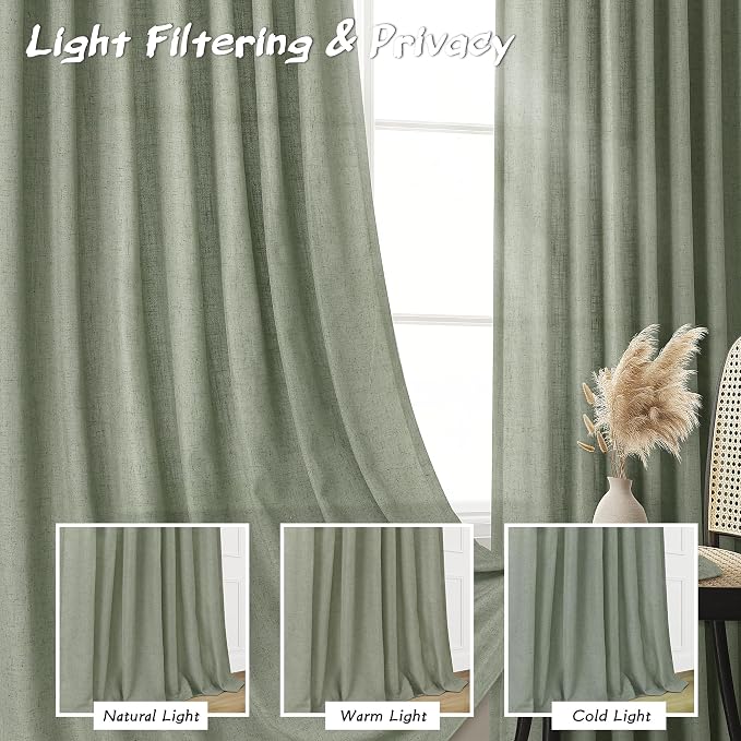Joywell Sage Green Linen Curtains 96 Inches Long for Living Room Soft Linen Window Drapes Semi Sheer Light Filtering Back Tab Rod Pocket Pleated Spring Sage Green Room Decor Set of 2 Panels 52x96