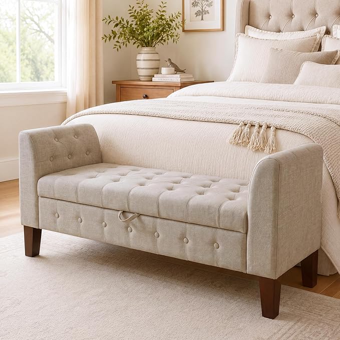 Awonde Upholstered Storage Bench with Arms Ottoman Bench for Bedroom Entryway Living Room Khaki