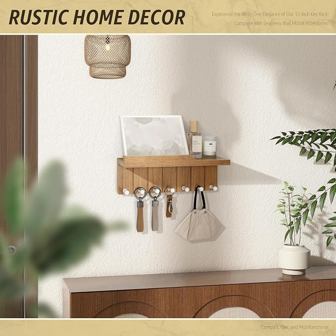 Rebee Vision Decorative Key Holder Wall Mount - Modern Farmhouse Key and Mail Holder for Wall with 7 Hooks and Floating Shelf - The Perfect Apartment Essentials in Your Home Decor (Light Brown)