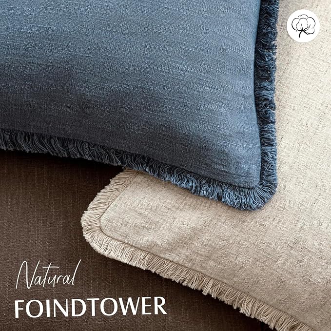 Foindtower Set of 2 Decorative Linen Fringe Throw Pillow Covers Cozy Boho Farmhouse Cushion Cover with Tassels Accent Pillowcase for Couch Sofa Bed Living Room Home Decor,26×26 Inch,Dark Blue