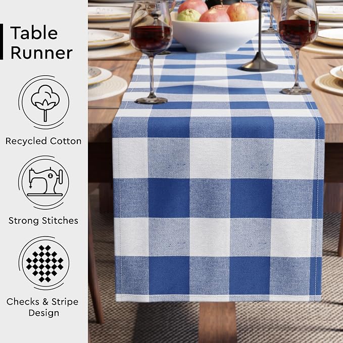 Encasa XO Cotton Dining Table Runner | Buffalo Blue Checks | Size 13x118 in - Machine Washable & Durable