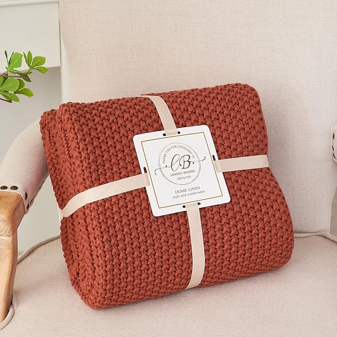 Longhui bedding Chunky Cable Knit Throw Blanket Lightweight Rust 100% Organic Cotton Blanket for Sofa Couch Bed Baby Nursery, Rustic Shabby Chic Modern Farmhouse, 51” x 63” Give Laundering Bag