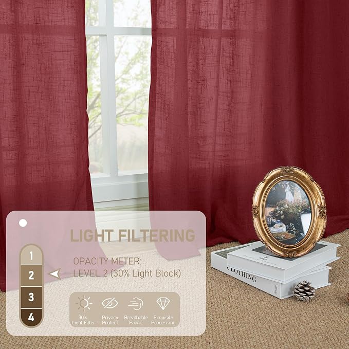 LAMIT Burgundy Red Semi Sheer Linen Curtains 45 Inches Long, Light Filtering Panels Bronze Grommet Christmas Decor Drapes for Bedroom/Window/Farmhouse, 2 Panels, 52 x 45 Inch