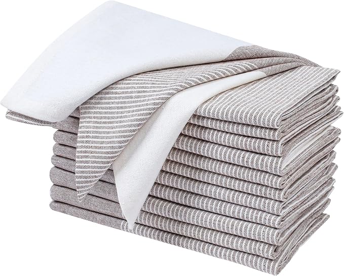 Ramanta Home Cloth Napkins Set of 12 18x18 Inches - Spring Basket Decor Block Striped Dinner Napkins for Easter Farmhouse Wedding, Washable Soft Cotton Durable Table Linen -Everyday Use - Nut Brown