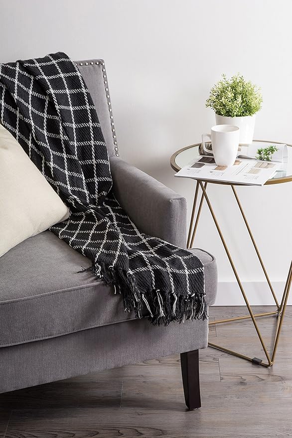 DII Transitional Checked Plaid Woven Throw, 50x60, Black