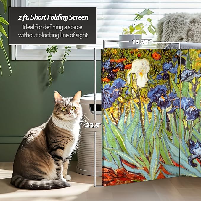 Red Lantern 2 ft. Short Double Sided Works of Van Gogh Canvas Folding Screen - Irises/Starry Night Over Rhone 3 Panel Freestanding Partition Separator for Modern and Contemporary Home, Office, Dorm