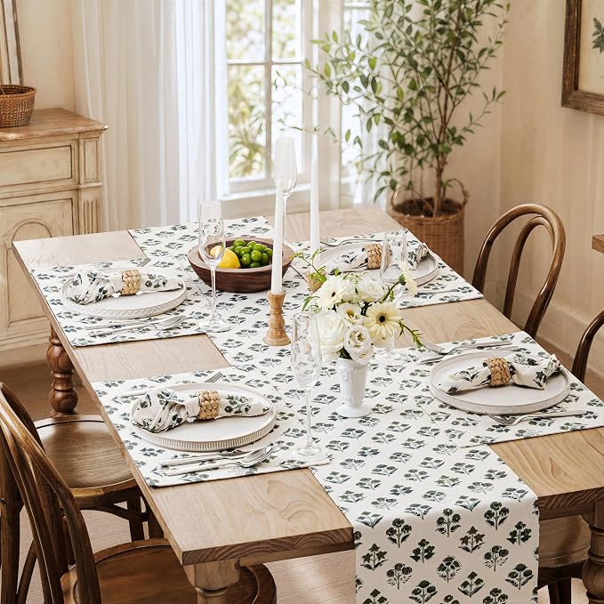 100% Cotton Block Print Floral Table Runners, 13x48 Inch Olive Farmhouse Table Runners 48 Inches Long Boho Flowers Home Decors