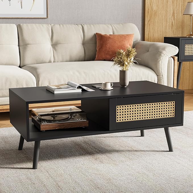 IDEALHOUSE Rattan Coffee Table with Storage, Farmhouse Boho Center Sofa Table with Sliding Door and Open Shelf for Living Room, Bedroom