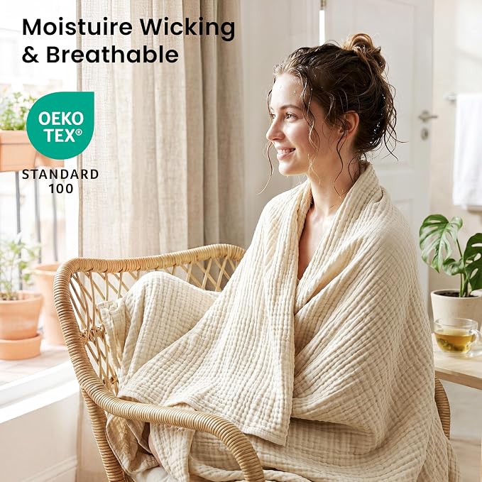 Love's cabin Cooling Muslin Blanket King Size, 50% Rayon Derived from Bamboo, 50% Cotton, 4-Layer Lightweight Breathable Summer Gauze Blanket for Bed, Soft for Hot Sleepers and Kids, 108"x90", Beige
