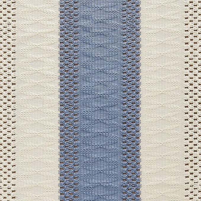 ZeeMart Macrame Style Bicolor Stitching Table Runner, 14 x 90 Inch Blue/Ivory, Boho Blue Table Runners 90 Inches Long, Farmhouse Woven Home Decor