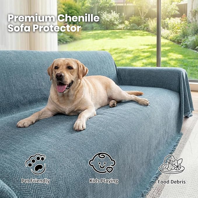 Chenille Couch Cover for Sofa Non Slip Cover Washable Pet Scratch Couch Covers Tassel Sofa Slipcover for 3 Cushion Couch Furniture Protector Blanket for Living Room,Stone Blue 91"x150"