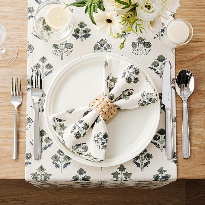 100% Cotton Block Print Floral Table Runners, 13x36 Inch Olive Farmhouse Table Runners 36 Inches Long Boho Flowers Home Decors