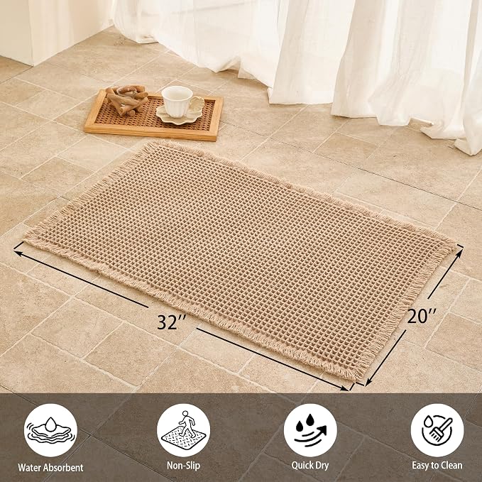 Waffle Bath Mat Non Slip, Boho Bathroom Rug, Super Absorbent Quick Dry Bathroom Mat, Soft Farmhouse Bath Rug with Tassels, Small Washable Shower Mats for Floor 20"x32", Brown