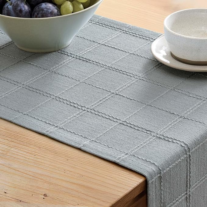 ZeeMart Linen Checked Farmhouse Table Runner, 13x60 Inches Chambray | Raised Grid Design, Rich Woven Texture, Linen Blend Table Runners 60 Inches Long, Machine Washable, Boho Home Kitchen Decor