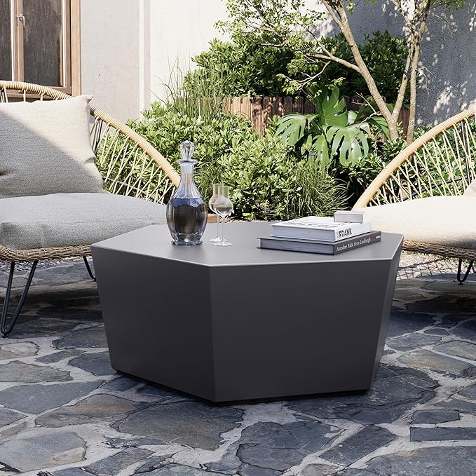 UPHA 35" Hexagon Outdoor Coffee Table, Modern Hollow Concrete Patio Table, Small Minimalist Low Accent Table for Living Room, Balcony, Deck, Backyard, Dark Gray