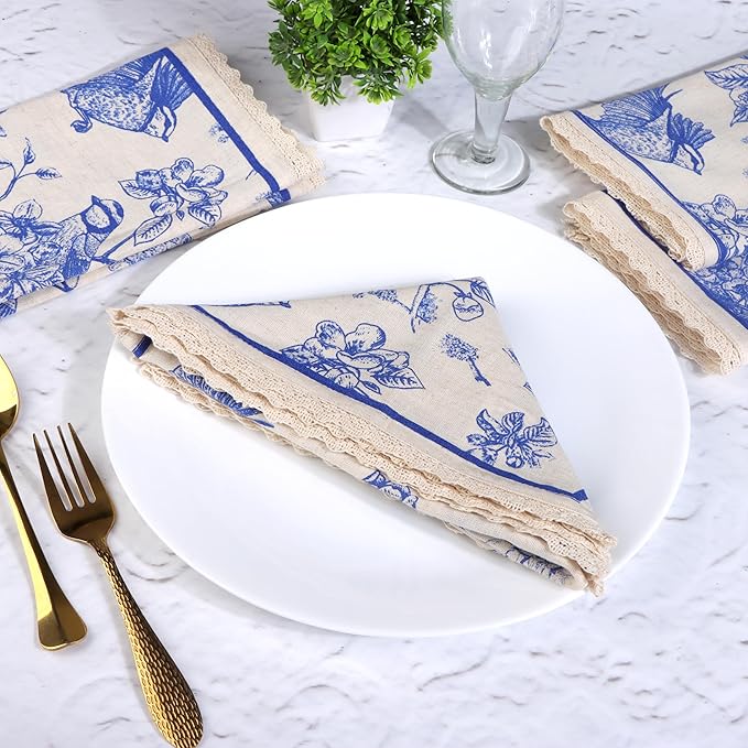 FINGERCRAFT Dinner Cloth Napkins Cotton Blend Set of 12 Premium Quality Mitered Corner with Natural Lace for Home Restaurant Wedding Christmas Napkins Cloth 20 inch Toile Print with Lace