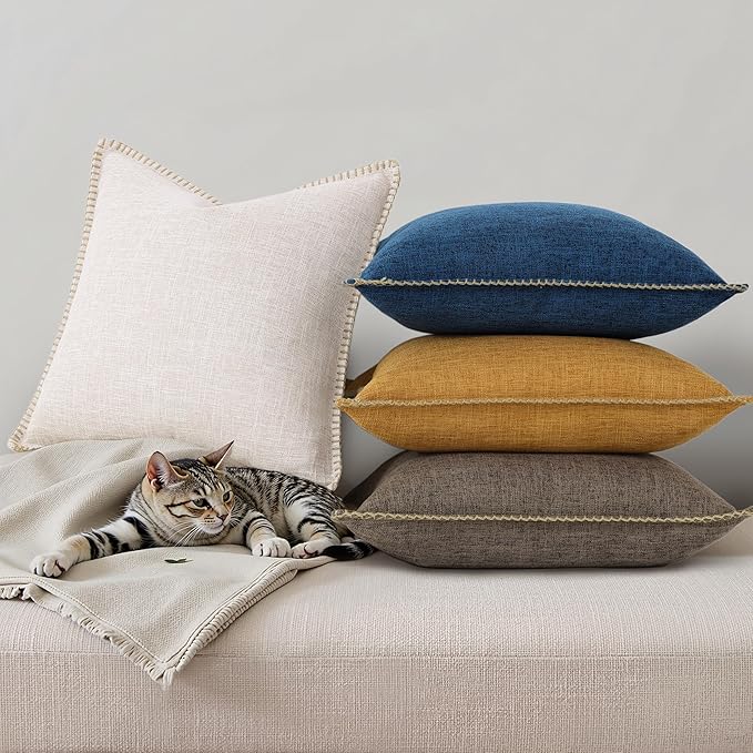 decorUhome Summer Decorative Throw Pillow Covers 20x20 Set of 2 Square Faux Linen Farmhouse Pillow Covers with Stitched Edge Outdoor Neutral Pillow Covers for Couch Sofa Living Room, Chocolate