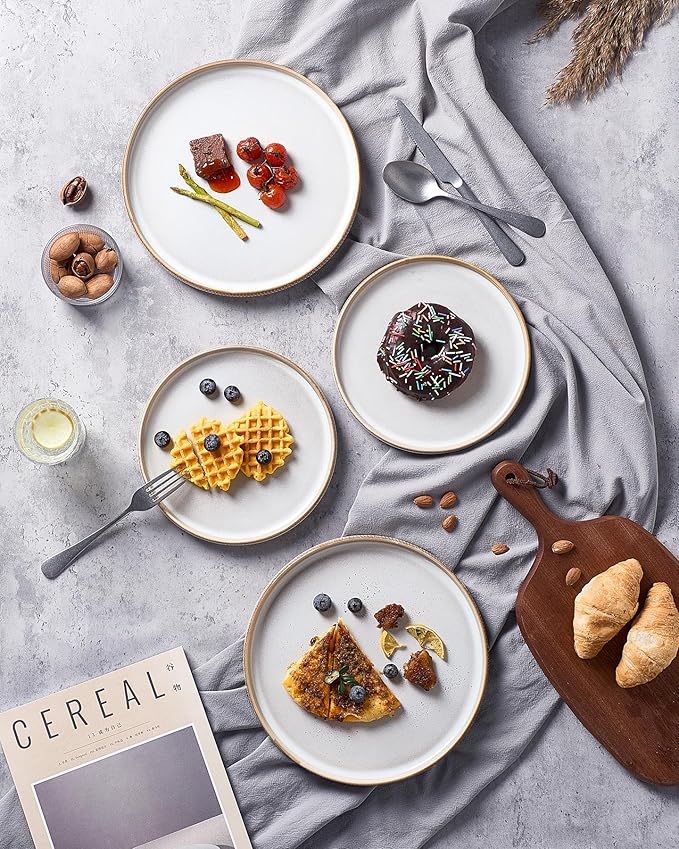 famiware Star Dinner Plates for 6, 10 inches Plate Set, Scratch Resistant, Stoneware Dinnerware, Kitchen Modern Rustic Serving Dishes, Cappuccino White (Pack of 2)