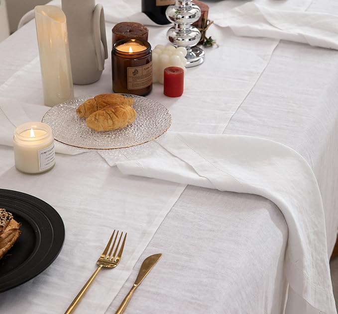 EVERLY Pure Linen Hemstitch Tablecloth,100% Stonewashed French Linen tablecloths for Kitchen Dining Rectangle Tables,60x144Inch Machine Washable Christmas Thanksgiving Organic Tablecloth-White