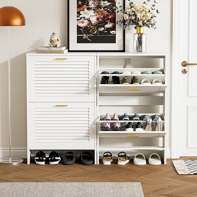 Shoe Cabinet Storage, Hidden Shoe Organizer, Modern Freestanding Organizer with 2 Flip Drawers Louvered Shoe Cabinet for Entryway (White, 2 Drawers)